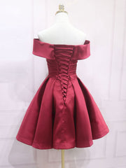 A-Line Off Shoulder Satin Burgundy Short Prom Dress, Burgundy Homecoming Dress