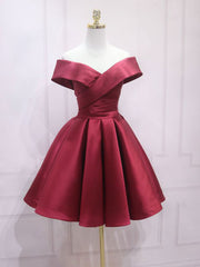 A-Line Off Shoulder Satin Burgundy Short Prom Dress, Burgundy Homecoming Dress