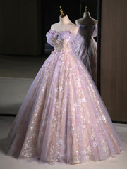 A-Line Off Shoulder Tulle Lace Purple Long Prom Dress, Purple Formal Dress