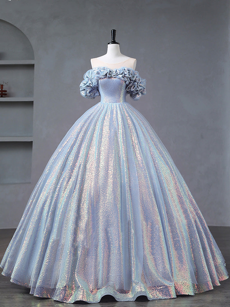 A-Line Off Shoulder Tulle Sequin Blue Purple Long Prom Dress, Sequin Formal Dress