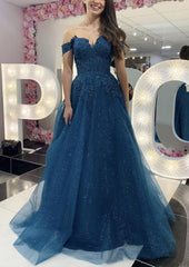 A Line Off The Shoulder Regular Straps Long Floor Length Tulle Prom Dress With Appliqued Glitter