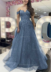 A Line Off The Shoulder Regular Straps Long Floor Length Tulle Prom Dress With Appliqued Glitter