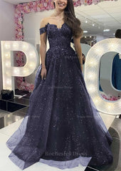 A Line Off The Shoulder Regular Straps Long Floor Length Tulle Prom Dress With Appliqued Glitter