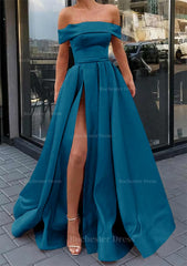 A Line Off The Shoulder Sleeveless Long Floor Length Satin Prom Dress With Split