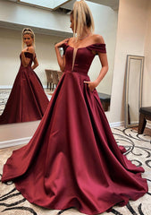 A Line Off The Shoulder Sleeveless Satin Sweep Train Prom Dress With Pockets