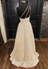 A Line One Shoulder Sleeveless Long Floor Length Sequined Prom Dress With Pockets