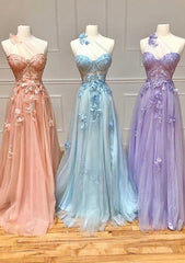 A Line One Shoulder Sleeveless Long Floor Length Tulle Prom Dress With Appliqued Split