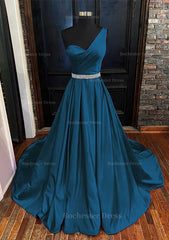 A Line One Shoulder Sleeveless Satin Long Floor Length Prom Dress With Beading Pleated