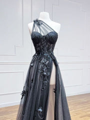 A-Line One Shoulder Tulle Black Long Prom Dress, Black Formal Evening Dress