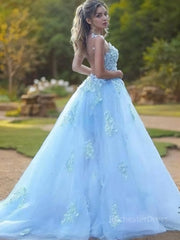 A-Line/Princess Bateau Sweep Train Tulle Prom Dresses With Appliques Lace