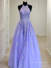 A-Line/Princess Halter Floor-Length Tulle Evening Dresses With Appliques Lace