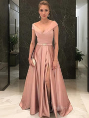 A-Line/Princess Off-the-Shoulder Floor-Length Satin Evening Dresses With Leg Slit