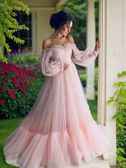 A-Line/Princess Off-the-Shoulder Floor-Length Tulle Prom Dresses With Appliques Lace