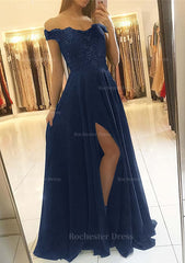 A Line Princess Off The Shoulder Sleeveless Long Floor Length Chiffon Prom Dress With Beading Split