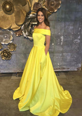 A Line Princess Off The Shoulder Sleeveless Sweep Train Satin Prom Dress With Low Back