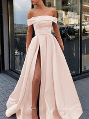 A-Line/Princess Off-the-Shoulder Sweep Train Satin Prom Dresses With Leg Slit