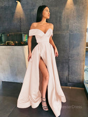 A-Line/Princess Off-the-Shoulder Sweep Train Satin Prom Dresses With Leg Slit