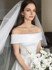 A-Line/Princess Off-the-Shoulder Sweep Train Satin Wedding Dresses