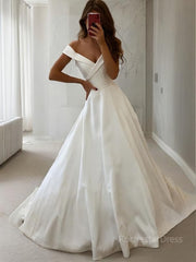 A-Line/Princess Off-the-Shoulder Sweep Train Satin Wedding Dresses