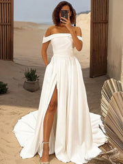 A-Line/Princess Off-the-Shoulder Sweep Train Satin Wedding Dresses With Leg Slit