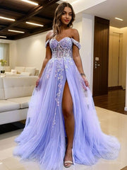 A-Line/Princess Off-the-Shoulder Sweep Train Tulle Prom Dresses With Leg Slit