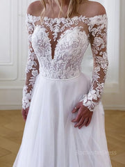 A-Line/Princess Off-the-Shoulder Sweep Train Tulle Wedding Dresses