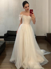 A-Line/Princess Off-the-Shoulder Sweep Train Tulle Wedding Dresses