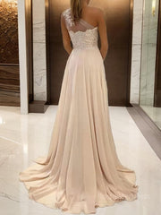 A-Line/Princess One-Shoulder Sweep Train Chiffon Prom Dresses With Leg Slit