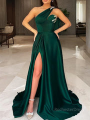 A-Line/Princess One-Shoulder Sweep Train Silk like Satin Prom Dresses With Leg Slit