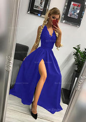 A Line Princess Scalloped Neck Sleeveless Long Floor Length Elastic Satin Prom Dress With Lace Split