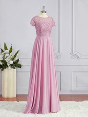 A-Line/Princess Scoop Floor-Length Chiffon Bridesmaid Dresses with Appliques Lace