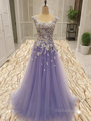 A-Line/Princess Scoop Floor-Length Tulle Evening Dresses With Appliques Lace