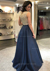 A Line Princess Scoop Neck Sleeveless Long Floor Length Satin Prom Dress With Beading