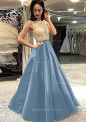 A Line Princess Scoop Neck Sleeveless Long Floor Length Satin Prom Dress With Beading