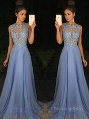 A-Line/Princess Scoop Sweep Train Chiffon Prom Dresses With Appliques Lace