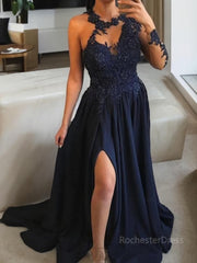 A-Line/Princess Scoop Sweep Train Satin Prom Dresses With Leg Slit