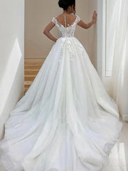 A-Line/Princess Scoop Sweep Train Tulle Wedding Dresses