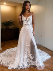 A-Line/Princess Spaghetti Straps Chapel Train Tulle Wedding Dresses With Leg Slit