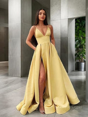 A-Line/Princess Spaghetti Straps Floor-Length Satin Prom Dresses With Leg Slit