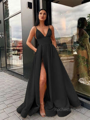 A-Line/Princess Spaghetti Straps Floor-Length Satin Prom Dresses With Leg Slit