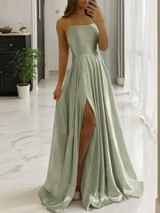 A-Line/Princess Spaghetti Straps Sweep Train Silk like Satin Prom Dresses With Leg Slit