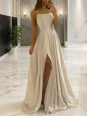 A-Line/Princess Spaghetti Straps Sweep Train Silk like Satin Prom Dresses With Leg Slit