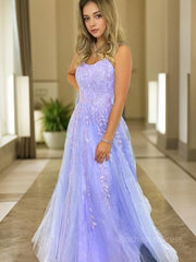 A-Line/Princess Spaghetti Straps Sweep Train Tulle Prom Dresses With Appliques Lace