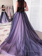 A-Line/Princess Strapless Court Train Tulle Prom Dresses With Appliques Lace