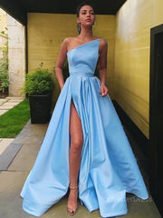 A-Line/Princess Strapless Floor-Length Satin Prom Dresses With Leg Slit