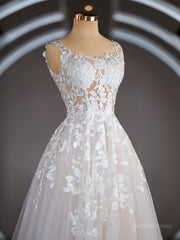 A-Line/Princess Straps Court Train Tulle Wedding Dresses with Appliques Lace