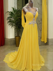 A-Line/Princess Straps Sweep Train Chiffon Prom Dresses With Beading