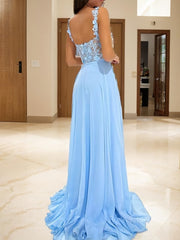 A-Line/Princess Straps Sweep Train Chiffon Prom Dresses With Leg Slit