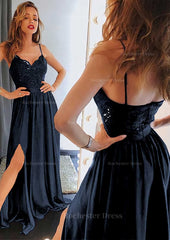 A Line Princess Sweetheart Sleeveless Long Floor Length Charmeuse Prom Dress With Split Lace