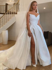 A-Line/Princess Sweetheart Sweep Train Satin Wedding Dresses With Leg Slit